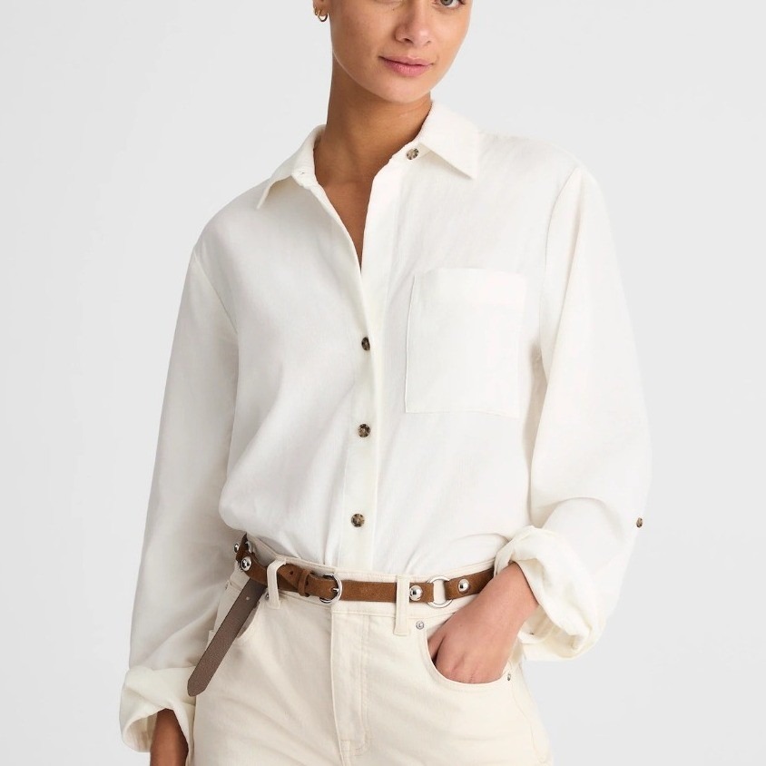 Madewell Easy Y-Neck Corduroy Button Up Shirt Winter White Cotton Kapok Top L
